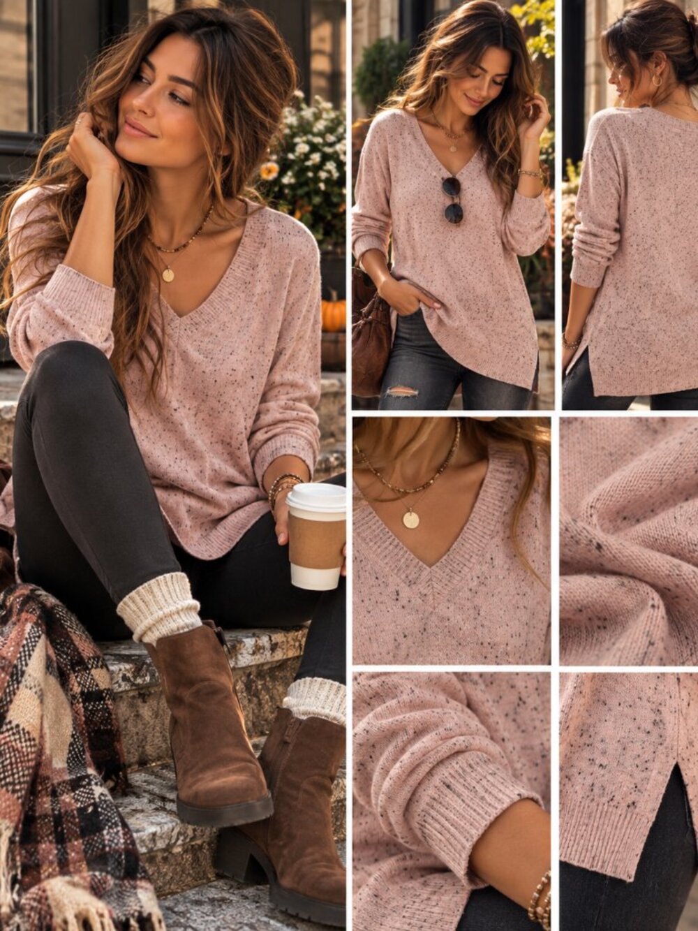 Poof Apparel Pink Speckled Knit V-Neck Tunic Sweater M Boho Cozy